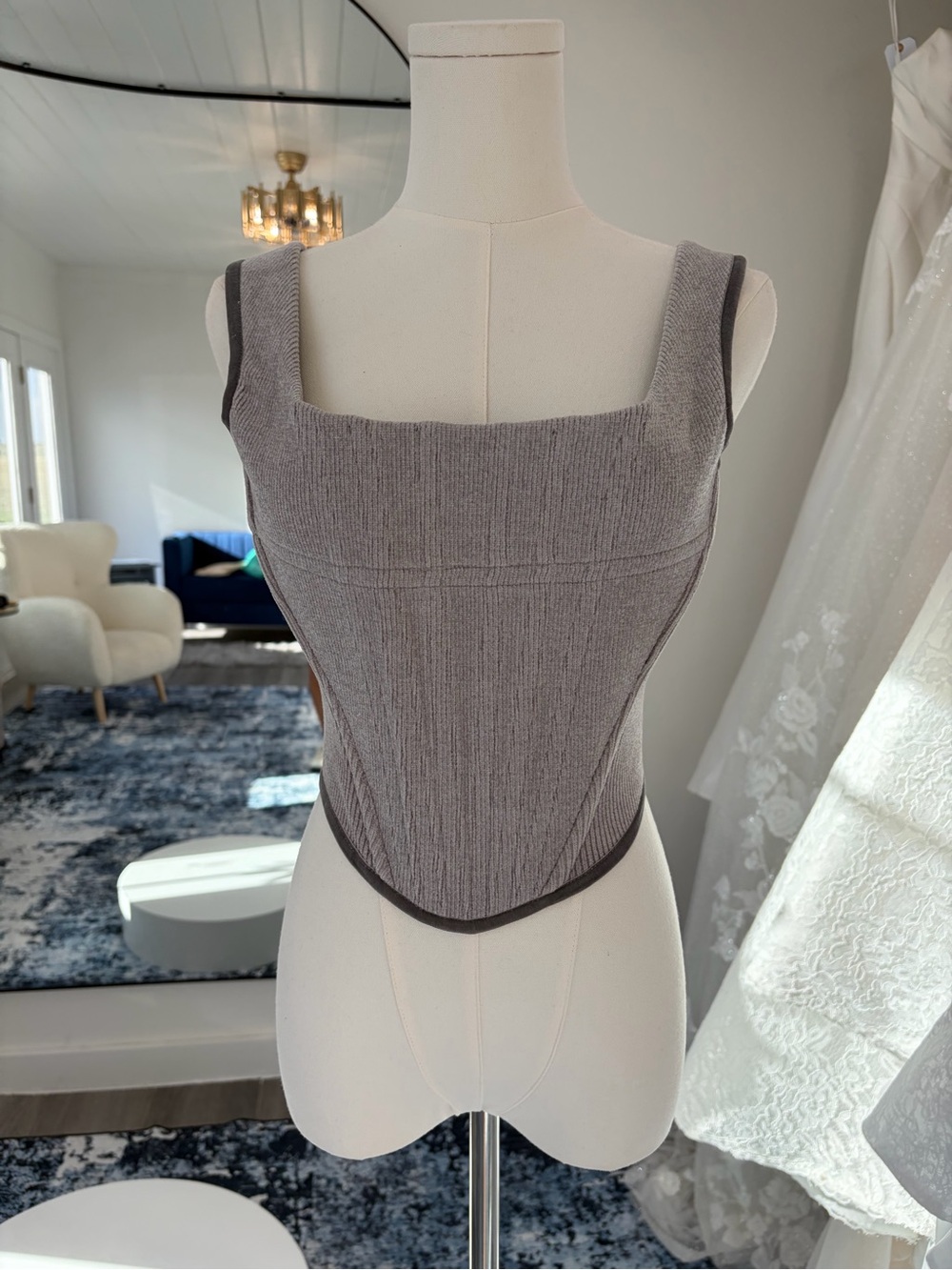 With Jéan Corset Top Gray Ribbed Velvet Trim French Girl Chic Size XS - Picture 2 of 11